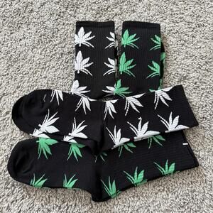 2 Pack Bundle -  Black Crew Socks Marijuana Leaf Print One Size Hippop Y2K Weed